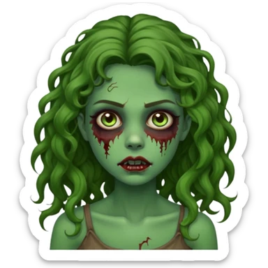 faça uma garota zombie, com a pele verde, cabelo castanho cacheado abaixo do ombro linda sticker