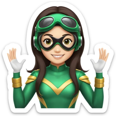 green Power Ranger, Asian girl with long straight dark brown hair, side part, big smile, scuba goggles sticker