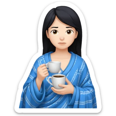 Cabelo preto batendo mais ou menos no peito com uma coberta assim em cima do ombro azul quero um pijama azul com uma xícara de café na mão sticker