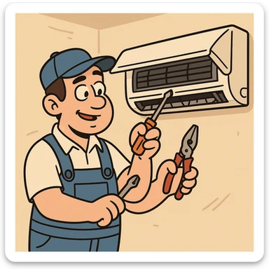 air conditioning technician fixing AC unit, simple and bold, cartoon style sticker