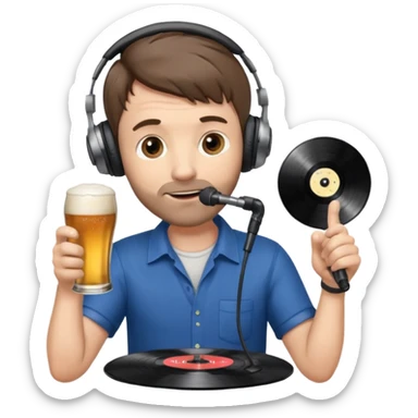 a middle aged white male radio presenter, with short brown hair and slightly unshaven, wearing headphones, speaking into a microphone, with a beer in his right hand and vinyl record in his left hand sticker