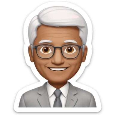 60 yr old indian man, short straight white hair brushed foreward , light grey business suit, big smile, dark brown skin, no moustache, dark brown eyes, glasses
 sticker