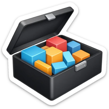 Minimalistic flat vector icon, iOS style, thin black contour on white background. Open box with neatly arranged objects inside. No text, no shadows.
 sticker