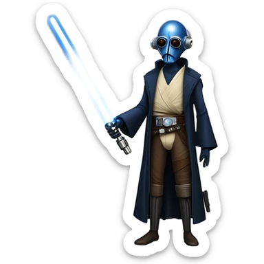 jedi first order human-sized darkblue-pearl friendly bounty hunter c3po droid wearing a leather wild west duster coat holding light saber ready to fight but relaxed. antique sticker