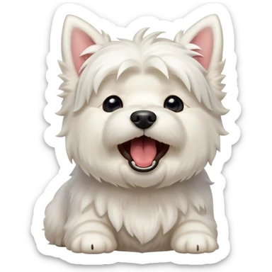Cinematic Cute Yawning West Highland White Terrier Portrait Emoji, Head tilted slightly with a dramatic, wide-open yawn, showcasing a soft, fluffy white coat with floppy ears slightly drooping and round dark eyes barely open in drowsy contentment, Simplified yet irresistibly adorable features, highly detailed, glowing with a soft, cozy glow, high shine, relaxed yet expressive, stylized with a touch of whimsy, bright and endearing, soft glowing outline, capturing the essence of a sleepy yet affectionate companion, so drowsy it feels like it could stretch out of the screen and curl up for a nap! sticker