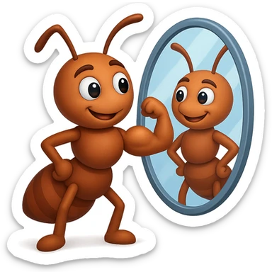 EMOJI STILE IPHONE 3D DI una formica che si guarda allo specchio felice e sicura di sè mentre contrae il suo bicipite muscoloso, fagli anche la parte bianca degli OCCHI, non solo la pupilla sticker