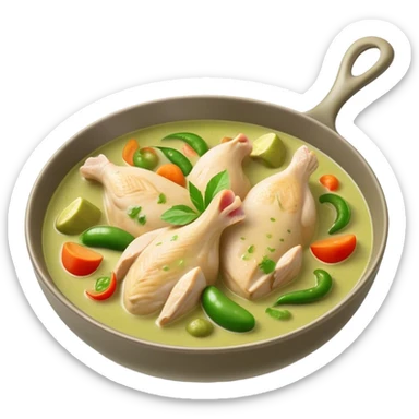 Cinematic Realistic Green Chicken Curry Dish Emoji, depicted with tender chicken simmered in a fragrant green curry sauce with vegetables rendered with rich textures and dynamic, vibrant lighting. sticker