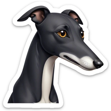 Cinematic Noble Black Greyhound Portrait Emoji, Poised and regal, with a lean, graceful build and a sleek, jet-black Fur, deep-set soulful dark eyes, Simplified yet sharp and sophisticated features, highly detailed, glowing with a soft, dignified glow, high shine, intelligent and swift, stylized with an air of elegance, focused and attentive, soft glowing outline, capturing the essence of a watchful and commanding racer, so majestic it feels as though it could sprint out of the screen with effortless authority! sticker