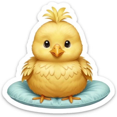 Cinematic round fluffy chick, golden yellow, tiny beak and feet, soft downy feathers, sparkling gentle eyes, sitting on a pastel-colored cushion, radiating warmth and sweetness. sticker