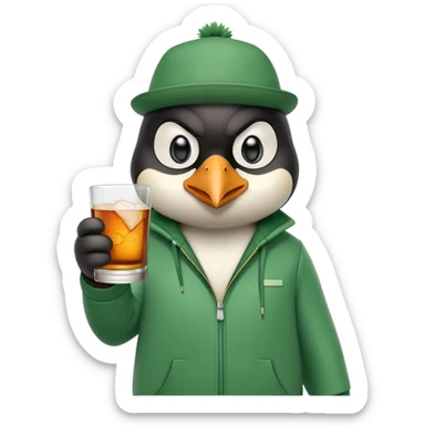 head and shoulders portrait of a friendly anthropomorphised penguin wearing a green mafia-style tracksuit, angry confident scheming expression, holding a glass of whiskey sticker