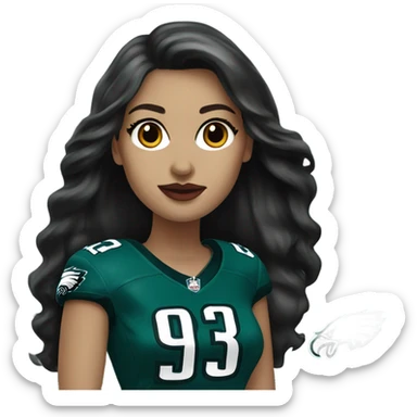 White female long dark hair red lips wearing Philadelphia Eagles jersey sticker