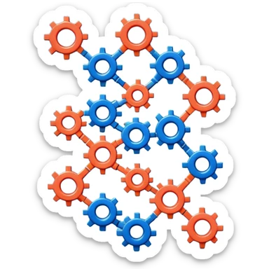 Modern minimal emoji: building blocks + connection flows + gear. Deep blue and coral colors. Professional no-code expert signature. Geometric clean style. sticker