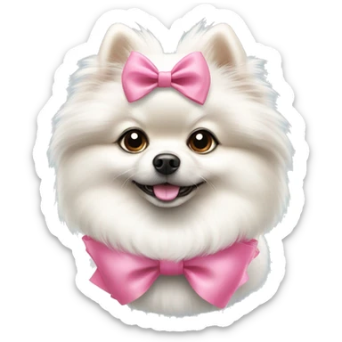 A white Pomeranian dog with a pink bow sticker