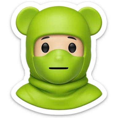 bearbrick toy wearing a lime green balaclava with relaxed but well-defined arched eyebrows visible above the mask sticker