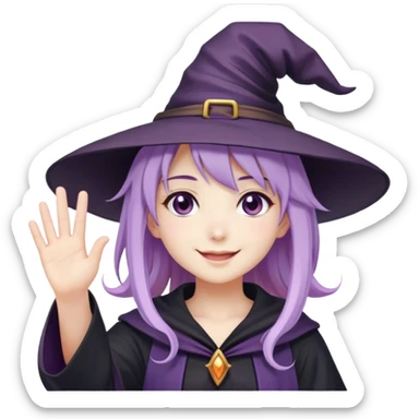 anime girl with lilac hair in a witch hat waving and smiling sticker