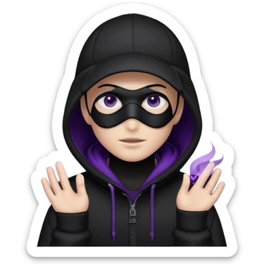 no visible face cartoon blacked character related to a shadow, with all black clothes, focusing a hoodie with his cap on, and a black facemask, just his purple shadow eyes making a light bloom sticker