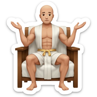 fullbody jacked bald guy, sleeveless and unbuttoned in full white robe sitting without chair and hands down sticker