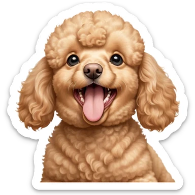 Cinematic Cute Yawning Apricot Poodle Portrait Emoji, Head tilted slightly with a dramatic, wide-open yawn, displaying a soft, curly apricot Fur with delicate texture, floppy ears slightly drooping, round warm eyes barely open in drowsy contentment, Simplified yet irresistibly adorable features, highly detailed, glowing with a soft, cozy glow, high shine, relaxed yet expressive, stylized with a touch of whimsy, bright and endearing, soft glowing outline, capturing the essence of a sleepy yet affectionate companion, so drowsy it feels like it could stretch right out of the screen and curl up for a nap! sticker
