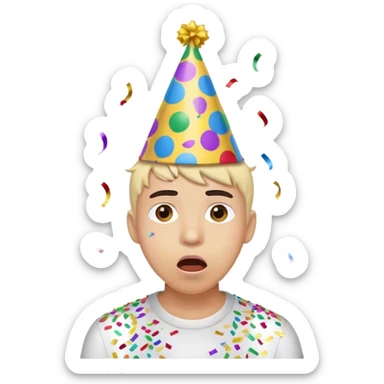 a person popping a confetti and wearing a party hat, but with a nervous expression  sticker