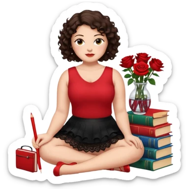 A plus-size brunette woman with short, dark brown curly hair is wearing a red sleeveless shirt and a black lace ruffled skirt. She is sitting on the floor with her legs crossed, holding a crayon in one hand. On the floor are five stacked colorful books and a glass vase with red roses. sticker