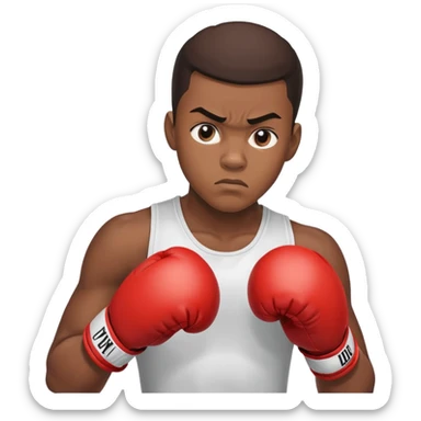 Close-up of a 19-year-old Black male boxer's face, determined expression, boxing gloves visible at the bottom of frame sticker