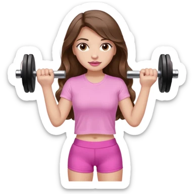 girl with wavy long brown hair, brown eyes, light to medium complexion, long lashes, light pink lipstick, wearing light pink shirt, lifting a pink dumbbells in a shorts top sticker