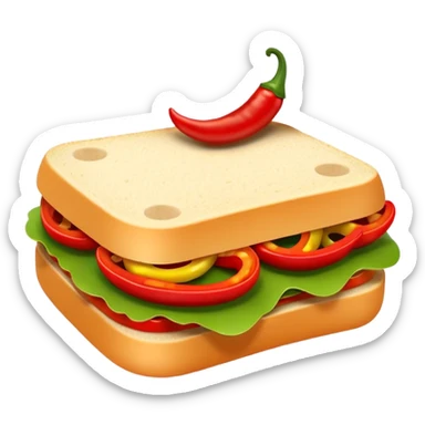 cute toy-like spicy sucuk sandwich object icon, rounded shapes, glossy texture, bright colors, sucuk slices visible, small chili pepper, 3D cartoon, mobile game icon style, clean background, no text, no watermark
 sticker
