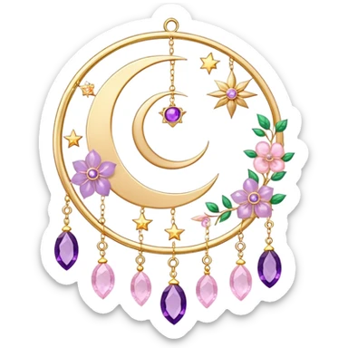 Epic beautiful gorgeous cute gold suncatcher, threads with shiny sparkly amethyst and rose-quartz gemstones, flowers, moons, stars, leaves sticker