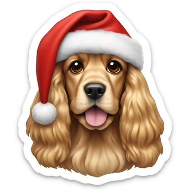 golden English cocker spaniel wearing a Santa hat sticker