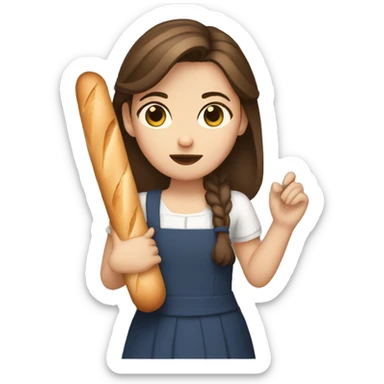 a french girl with brown hair and brown eyes holding a baguette, confused sticker