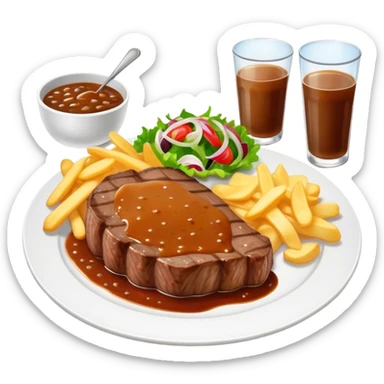 big juicy australian steak meal featuring chips, small salad in a ramiken and gravy  sticker