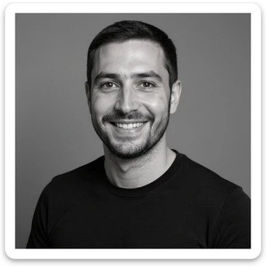 A professional portrait in monochrome. Plain black crew neck shirt. Tailored to LinkedIn. Tech boy vibe (programmer) sticker