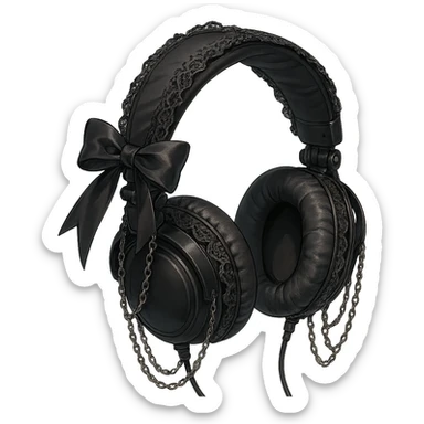 goth headphones, black with lace and chains, realistic anime style sticker