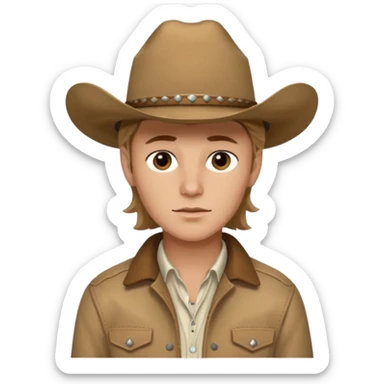 Ennis Del Mar from Brokeback Mountain with brown eyes, dark blonde hair, ivory shirt, brown jacket and cowboy hat sticker