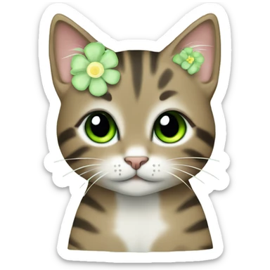 kawaii brown tabby kitten with green eyes and pastel green flower sticker