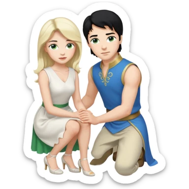 prince, upright, black Hair, blue eyes, garment, and woman, bending knee, sleveless white dress, blonde hair, green eyes, sticker