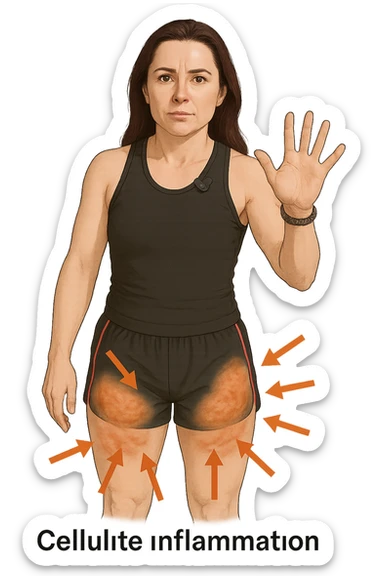 Donna con cellulite sulle cosce indica le cosce che sono infiammate di cellulite con frecce ad indicare  sticker