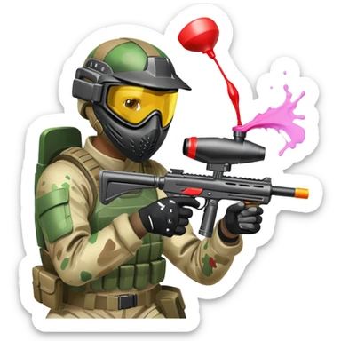 A paintball player in full gear, aiming a paintball gun with focus and determination. The scene includes vibrant splashes of paint and a dynamic battlefield setting, emphasizing action, strategy, and teamwork in a competitive environment sticker