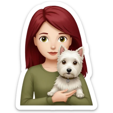 Westie white terrier dog being held by woman with dark red long hair and hazel eye wearing olive green top sticker