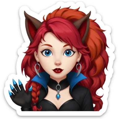  long curly red hair (darker), red pointed ears with black trim, black goth outfits, body and face human, blue eyes, more pointy chin, black lipstick, big fluffy red squirrel tail with black tips, like the attached photo with more outfits and poses,  sticker