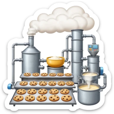Industrial cookie factory with multiple conveyor belts, large metal mixing vats, steam clouds, animated baking action, emoji-style sticker