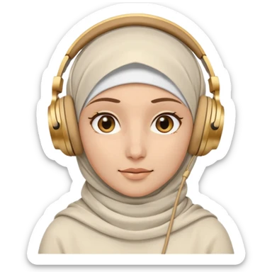 This is a cartoon-style avatar of a woman wearing a white hijab and headphones, with golden-brown eyes and a calm expression. sticker