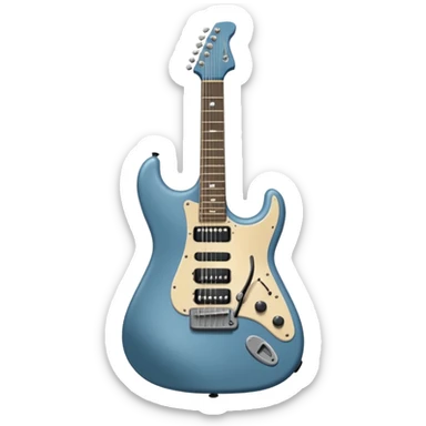 A gray-blue electric guitar with a black pick guard and only one volume knob, make the head tan sticker