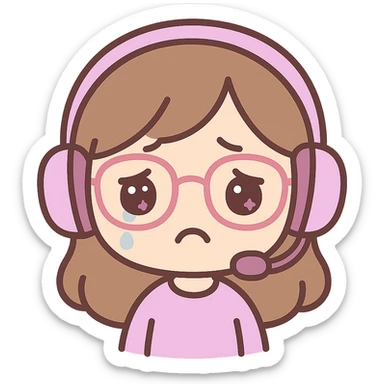 chibi style female brunette with glasses and a purple gaming headset, sad facial expression sticker