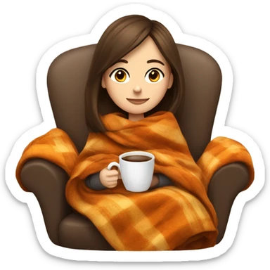 Brunette white girl covered in blanket autumn vibe sitting on a cozy chair holding coffee sticker