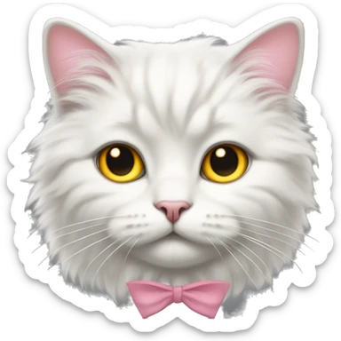 white fluffy cat dark gray markings on face yellow and orange eyes with pink bow collar sticker