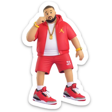 Transform the cartoon red DJ Khaled Grateful Air Jordan 3 character into a 3D emoji style. Keep the yellow cartoon arms and legs, playful pose, and all shoe details including the 'We The Best' tag. Match the look of a 3D rendered toy or emoji with detailed shoe features and vibrant colors. sticker