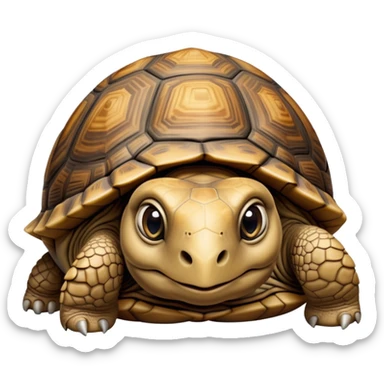 cinematic-tortoise-realistic--emoji,-sturdy-domed-shell-in-rich-earthy-tones,,-wrinkled-wise-face-peering-ahead-with-calm-determination,-cute large-eyes-reflecting-centuries of wisdom, zoomed into its face sticker