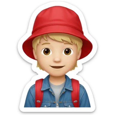 A little boy student, blonde hair, with red bucket hat, jean jacket, backpack sticker