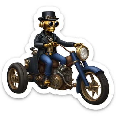 Old west Bounty hunter C-3PO wearing a pair of navy-blue rimmed steampunk goggles, hat, leather chaps, fringe jacket riding a relaxed 3 wheeler trike steampunk rat rod motorcycle in desert town  sticker